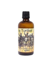 Amber bottle of Tertius Aftershave with a label featuring black illustrations on a white background
