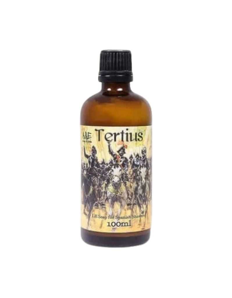 Amber bottle of Tertius Aftershave with a label featuring black illustrations on a white background