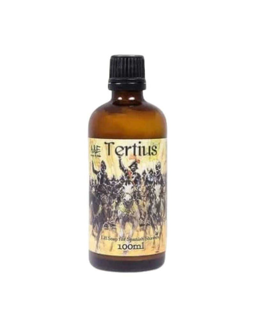 Amber bottle of Tertius Aftershave with a label featuring black illustrations on a white background