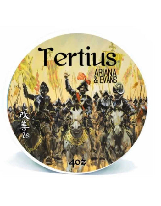 Round container of Tertius shaving soap with a historical battle illustration and the brand name 'Ariana & Evans' on it.