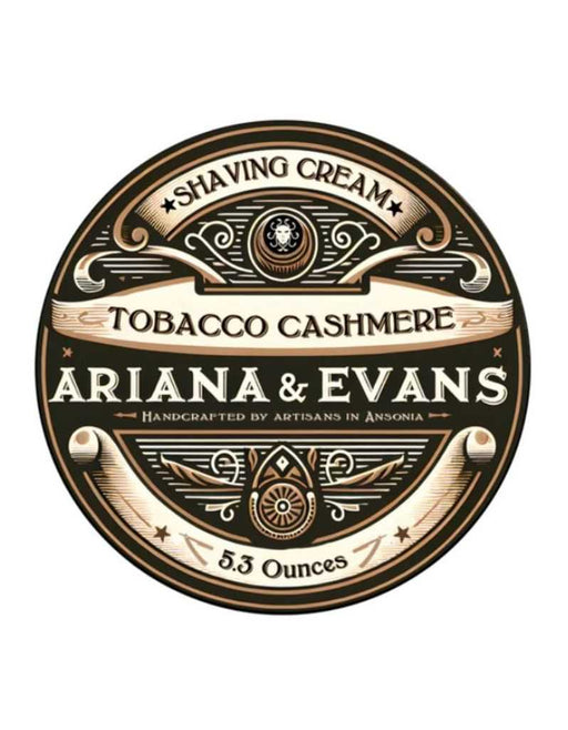 Ariana & Evans Tobacco Cashmere shaving cream label on a white background