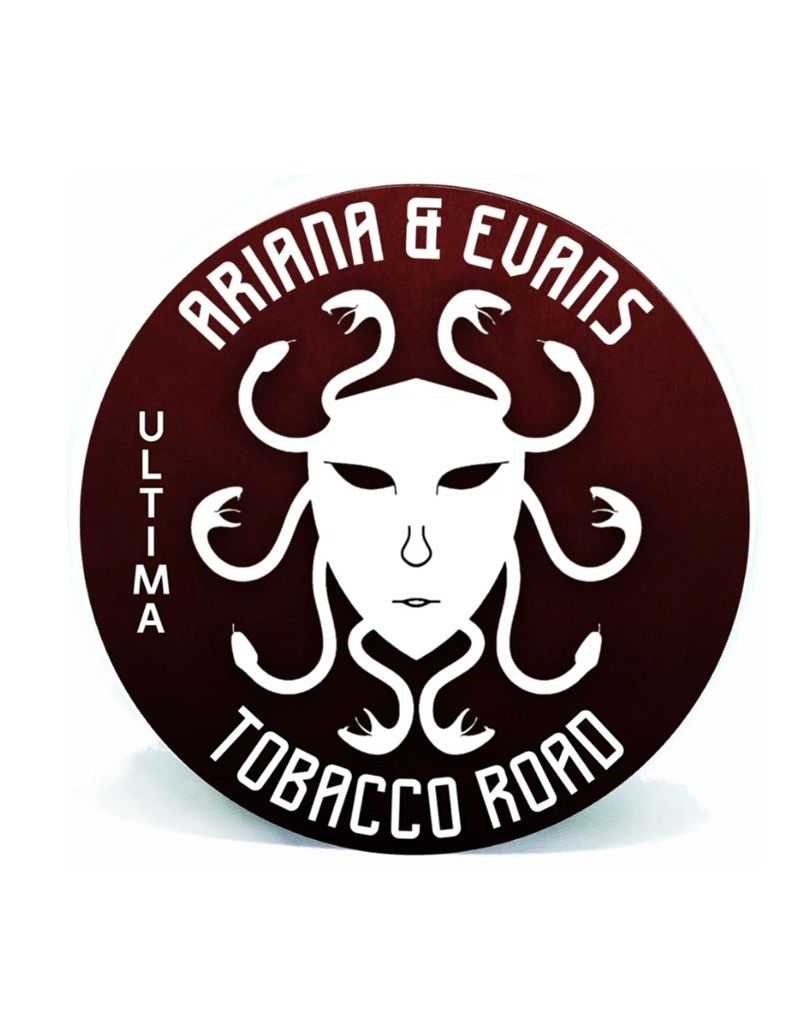 Ariana & Evans Ultima Tobacco Road shaving soap container with white graphic design on a dark background.