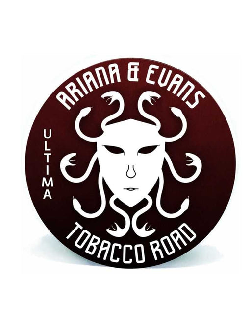 Ariana & Evans Ultima Tobacco Road shaving soap container with white graphic design on a dark background.