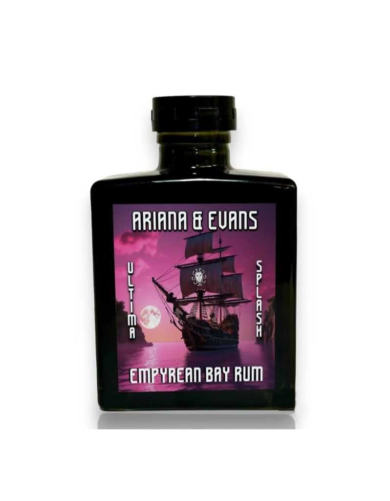 Bottle of Ariana & Evans Empyrean Bay Rum with a ship design on a purple background