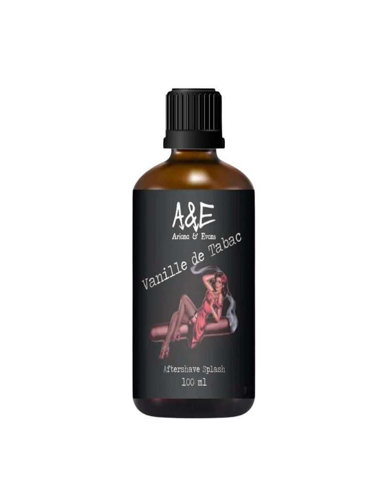 A&E Vanille de Tabac aftershave splash bottle on a white background