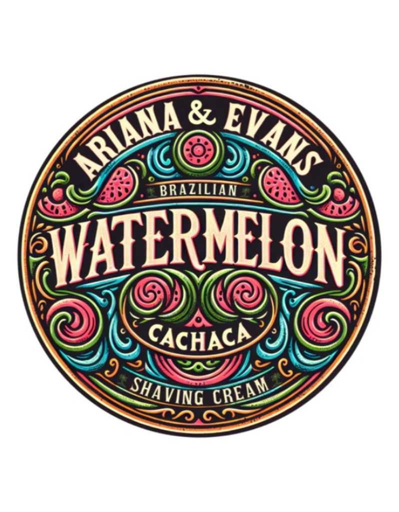 Ariana & Evans Brazilian Watermelon Cachaca Shaving Cream label with colorful design