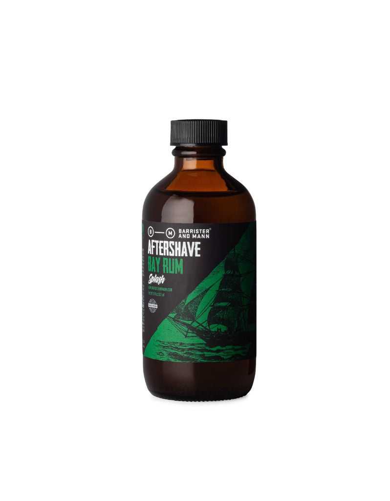 Bay Rum aftershave splash with classic scent of bay, orange, and rum in 3.5 fl oz bottle by Barrister and Mann