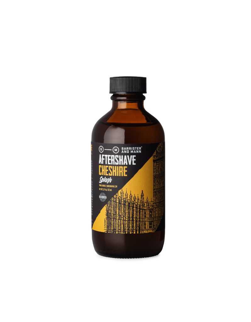 Cheshire aftershave splash with natural Earl Grey scent of bergamot and clary sage in a 3.5 fl oz bottle by Barrister and Mann
