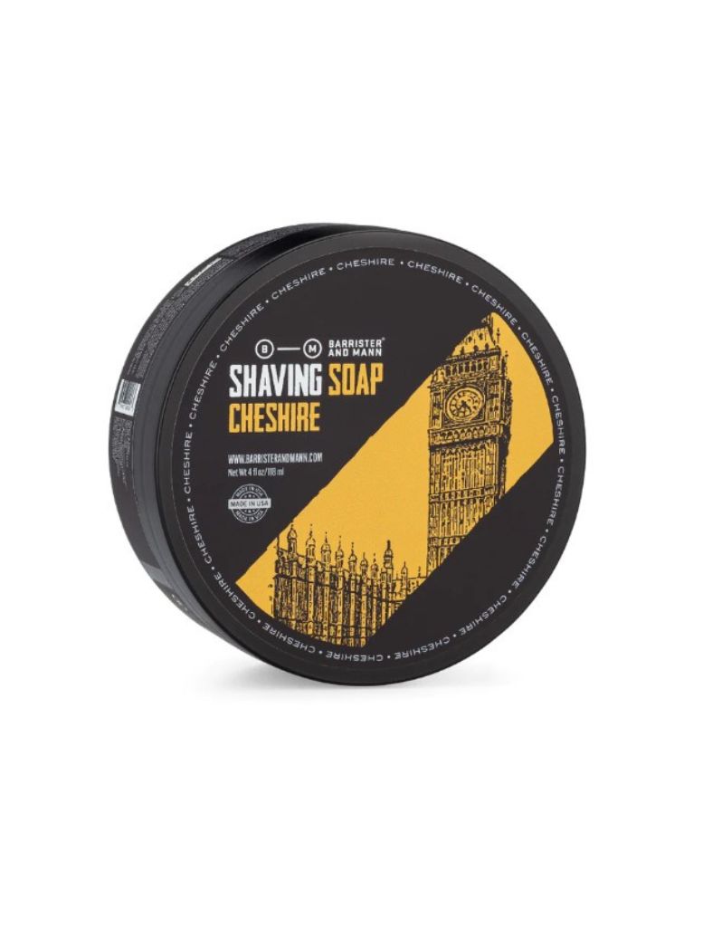 Cheshire shaving soap with essential oil scent of black tea, bergamot, and sage in 4 oz jar by Barrister and Mann