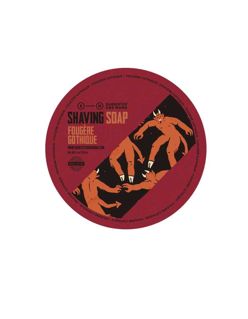 Fougere Gothique shaving soap in Omnibus base with smoky dark fougere scent and elegant gothic style label
