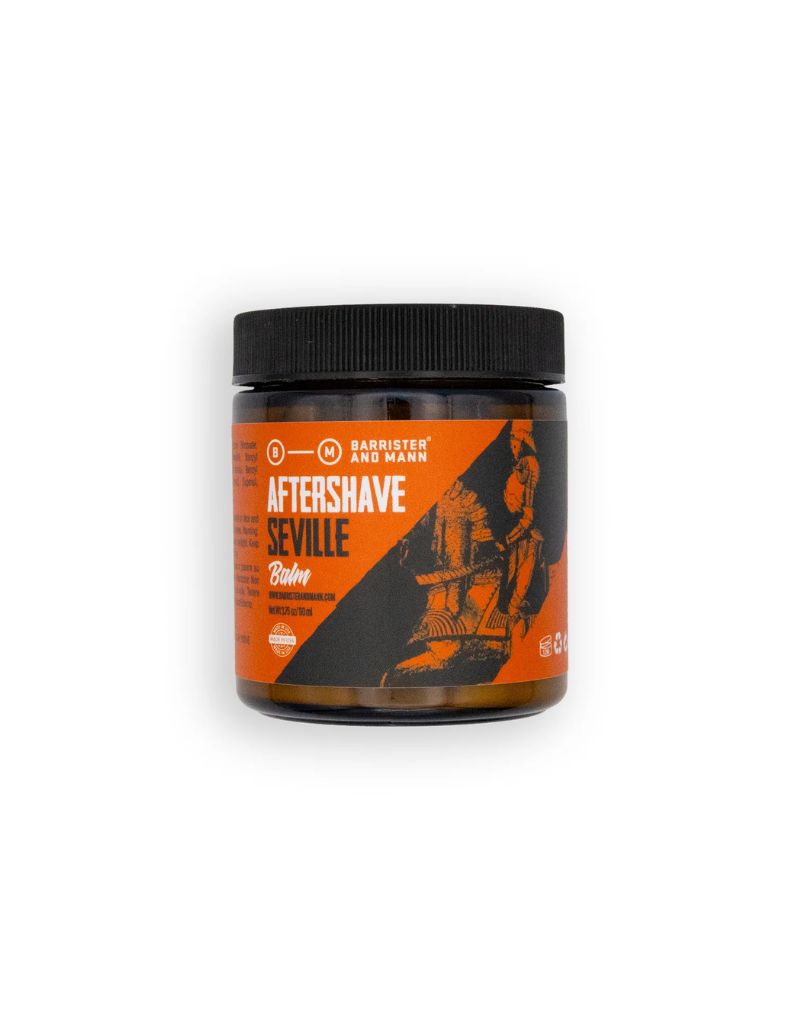 Barrister and Mann Seville Aftershave Balm, 3.75 oz (110 ml) amber jar with black lid and orange label