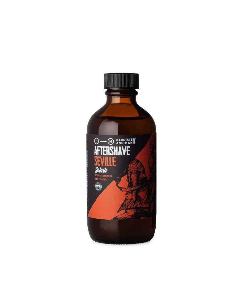 Bottle of aftershave labeled 'Seville' on a white background