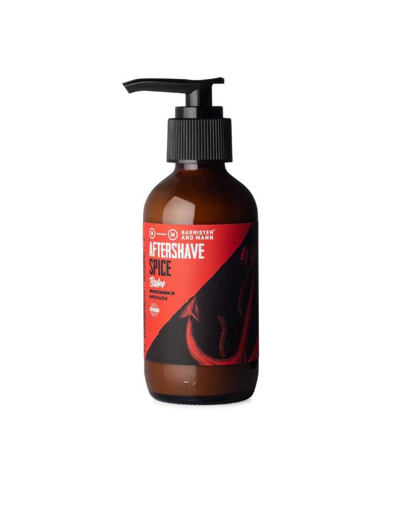 Barrister and Mann Spice Aftershave Balm with pump style bottle with vintage style label and amber colored liquid