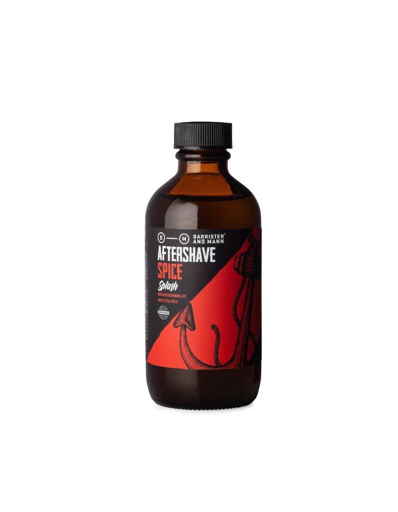 Barrister and Mann Spice Aftershave Splash bottle with vintage style label and amber colored liquid