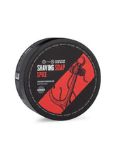 Shaving soap container with red and black design on a white background. Spice by Barrister and Mann