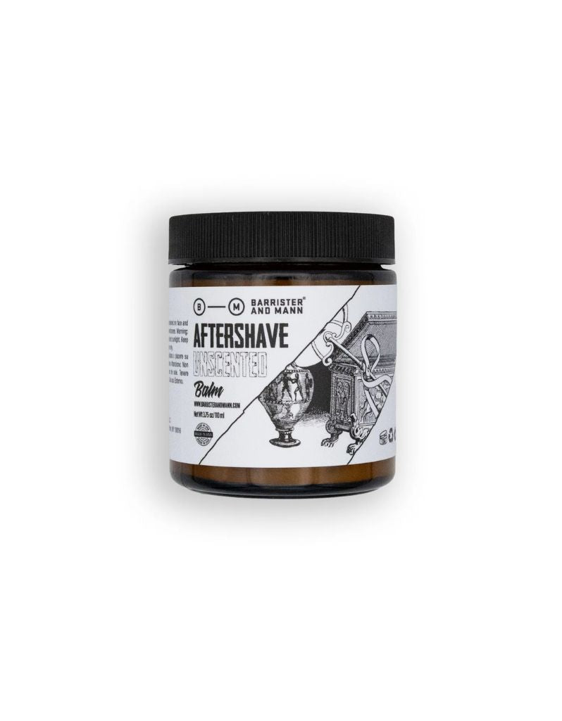 Barrister and Mann Unscented Aftershave Balm, 3.75 oz (110 ml) amber jar with black lid and white label
