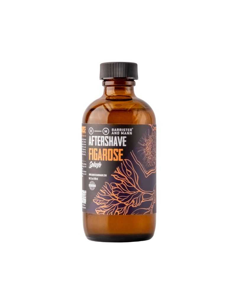 Barrister and Mann Figarose Aftershave Splash – amber glass bottle with dark botanical label, 4oz splash formula