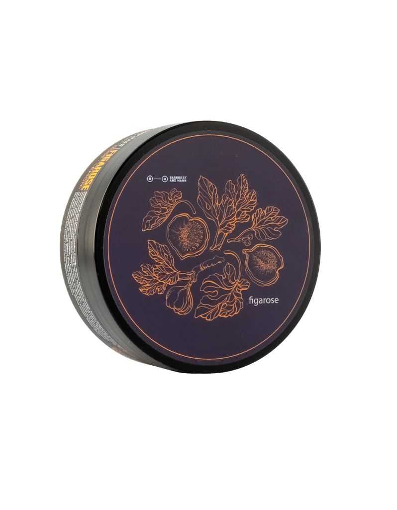Barrister and Mann Figarose Shaving Soap – dark purple round tin with gold embossed fig and botanical illustration on lid