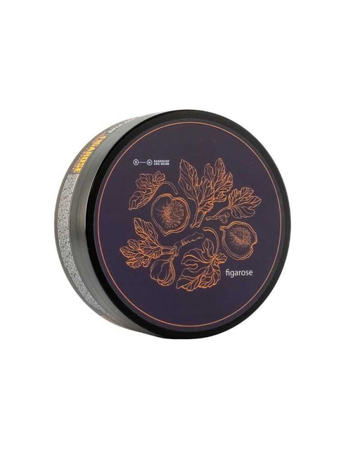 Barrister and Mann Figarose Shaving Soap – dark purple round tin with gold embossed fig and botanical illustration on lid
