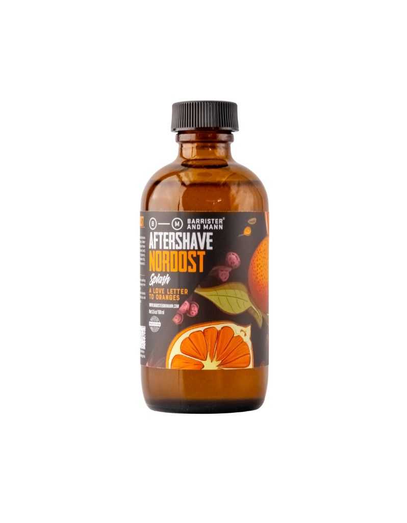 Barrister and Mann Nordost Aftershave Splash – amber glass bottle with dark citrus label featuring orange illustration, "A Love Letter to Oranges", 4oz