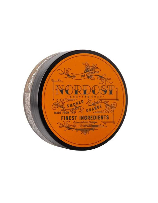 Barrister and Mann Nordost Shaving Soap – orange vintage label tin, smoked orange scent, finest ingredients