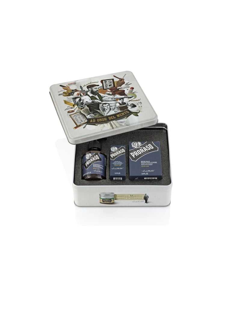 proraso beard care tin set with beard wash balm and oil in azur lime scent for softening nourishing and refreshing all beard types