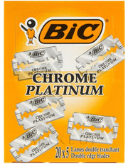 Bic Chrome Platinum double edge razor blades in a 20 x 5-pack, shown on their original orange and white cardboard packaging.