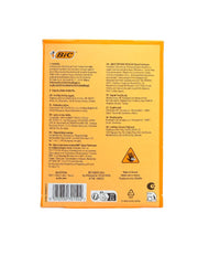 The back of a yellow-orange BIC product box with printed text, barcode, and safety icons on a white background.
