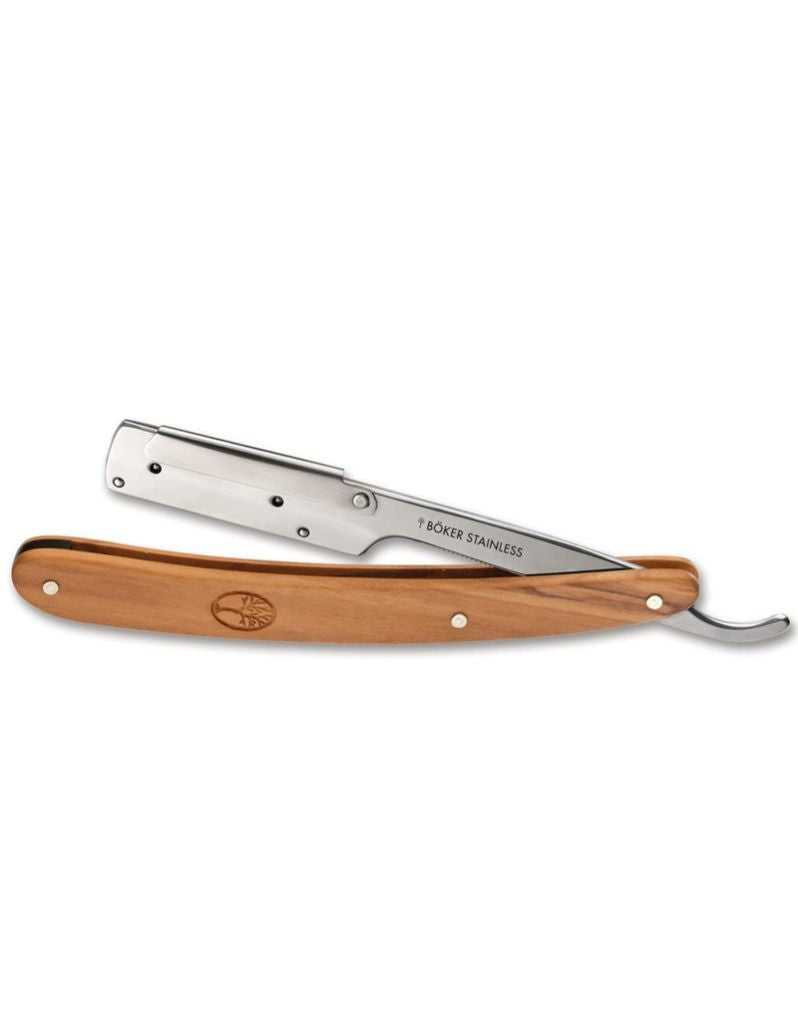 Boker Barberette straight razor with olive wood handle and stainless steel blade holder.