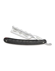 A straight razor with a carbon fibre handle and carbon steel blade, featuring a Spanish point and hollow ground ridge.