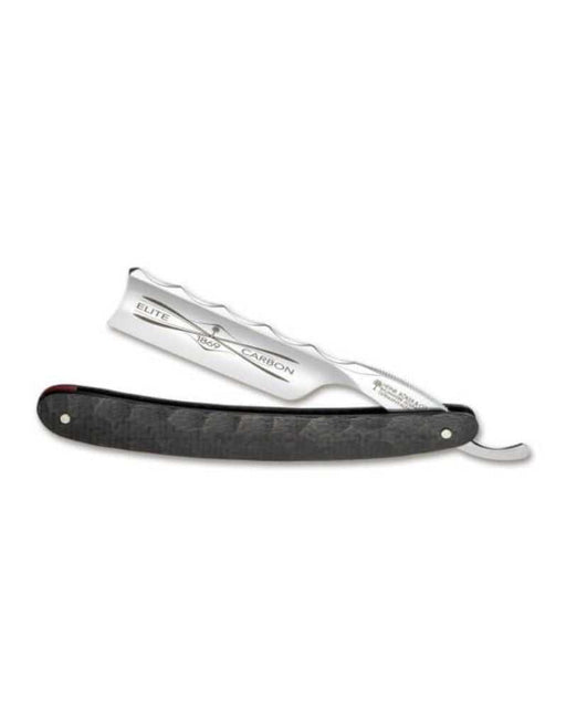 A straight razor with a carbon fibre handle and carbon steel blade, featuring a Spanish point and hollow ground ridge.