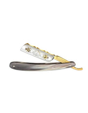 A Boker straight razor with a carbon steel blade and a horn handle, featuring French point and partial 24 carat gold decoration.