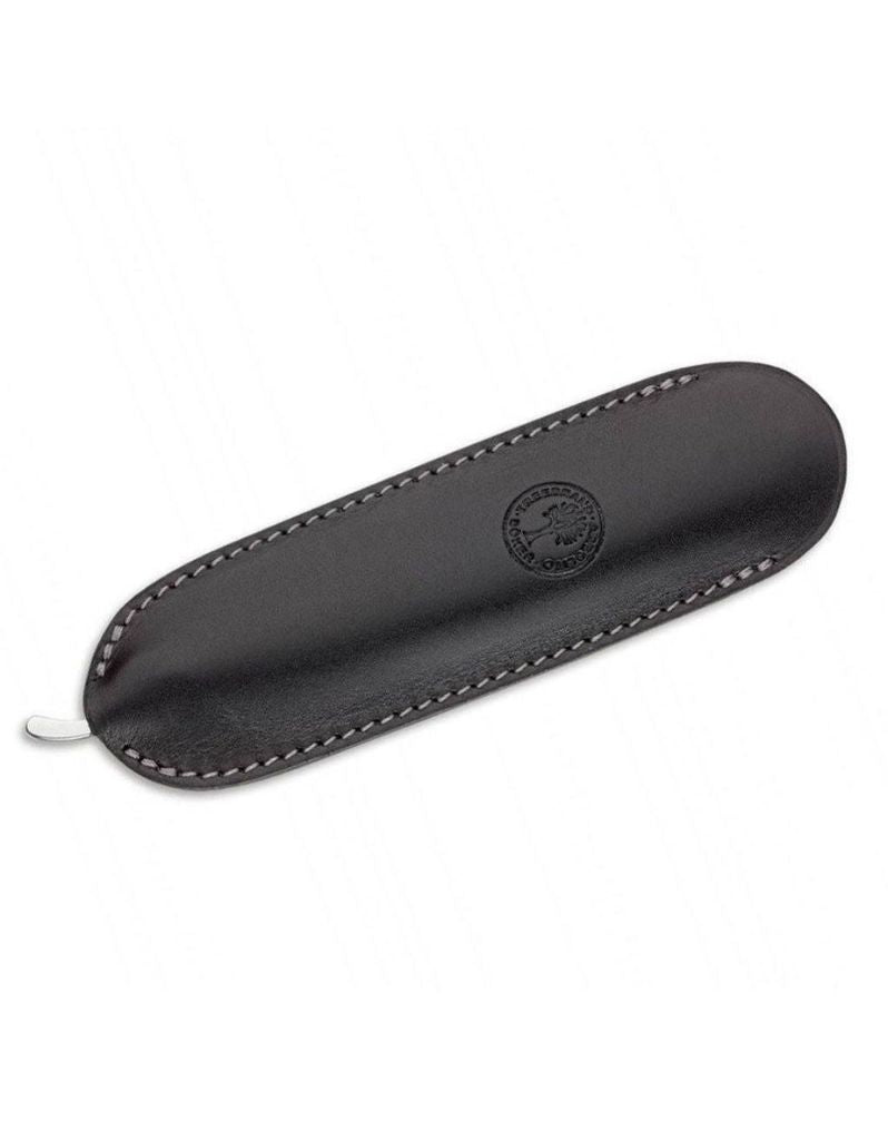 Black leather razor case with visible Boker stitching on a white background