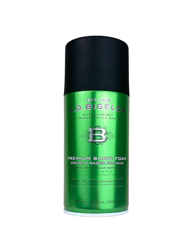 C.O. Bigelow Premium Shave Foam 300 g / 10.5 oz green can with eucalyptus oil, made by Proraso