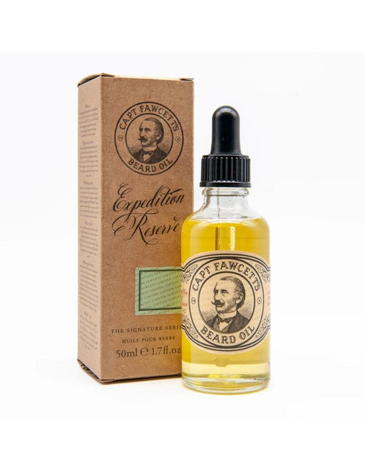 Captain Fawcett's Expedition Reserve beard oil bottle and packaging on a white background