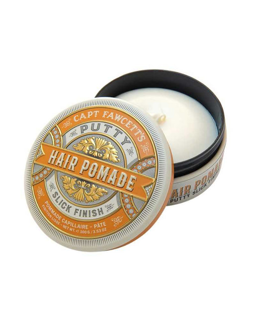 Open container of Capt. Fawcett's Putty Hair Pomade on a white background