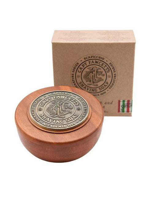 Shaving soap in a wooden bowl. Magnificent Signature Series Fig, Olive and Bay Rum Shaving Soap.