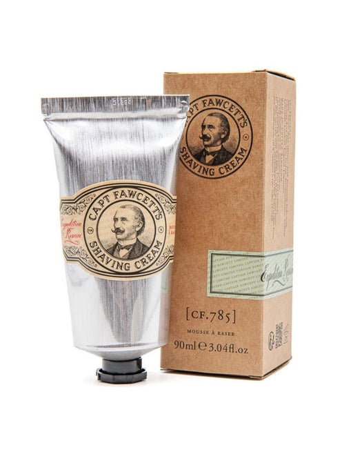 Captain Fawcett's Shaving Cream tube and packaging on a white background