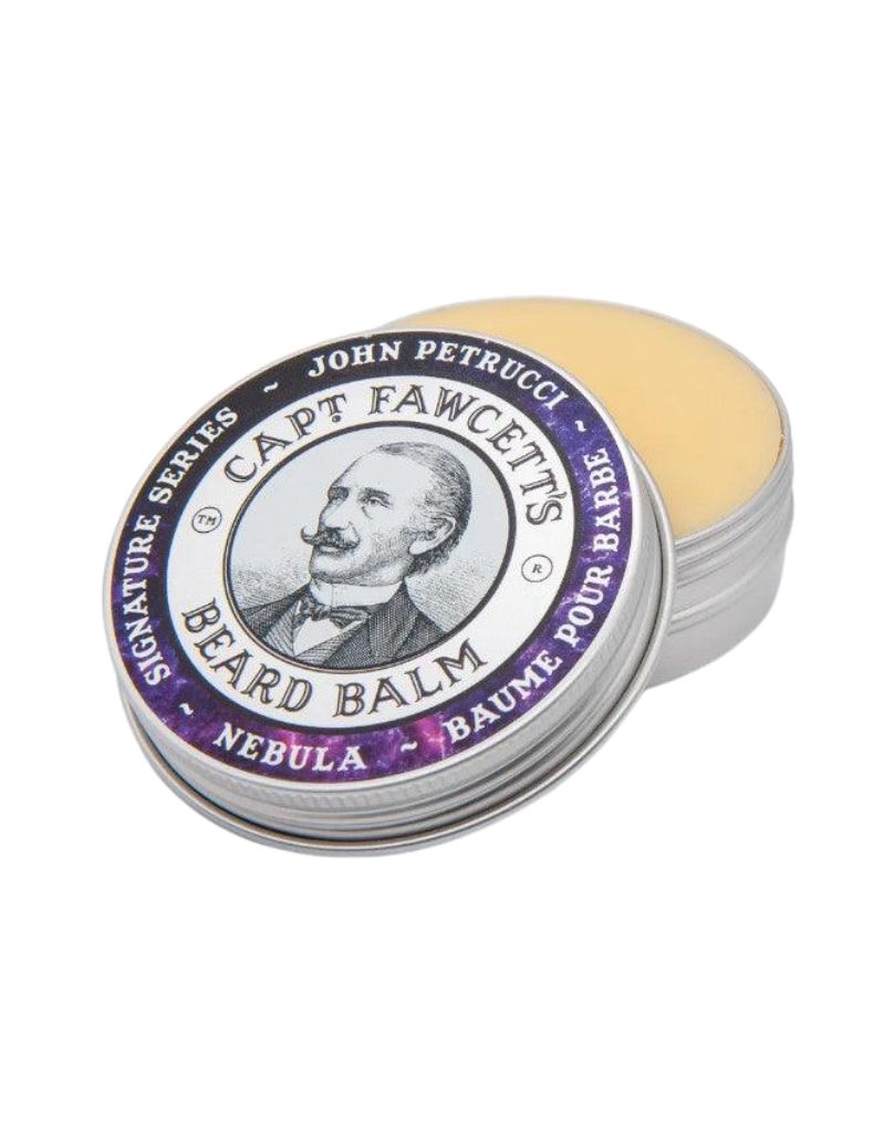 John Petrucci Capt. Fawcett beard balm packaging on a white background