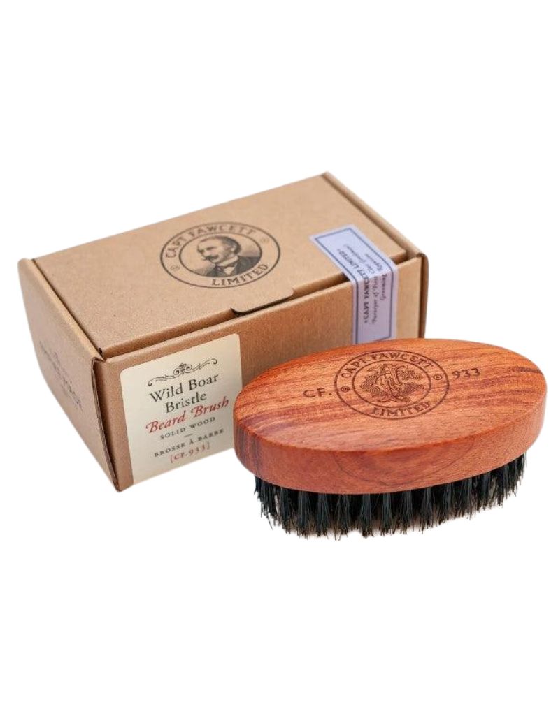 Wooden beard brush with brown bristles and packaging on a white background