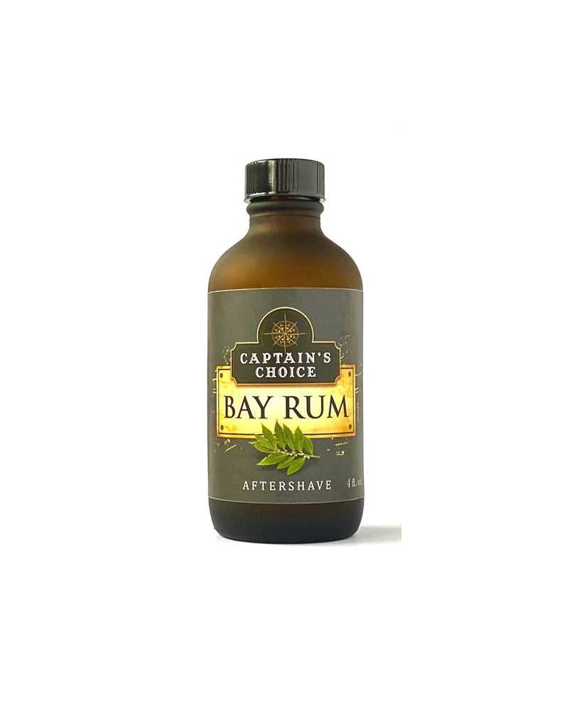 Classic bay rum aftershave in 4 oz amber bottle with warm, spicy scent and all-day moisturizing comfort for wet shaving enthusiasts