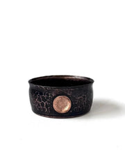 Captain’s Choice Copper Traveler Lather Bowl in Obsidian finish with hammered texture and thumb rest.