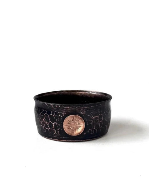 Captain’s Choice Copper Traveler Lather Bowl in Obsidian finish with hammered texture and thumb rest.