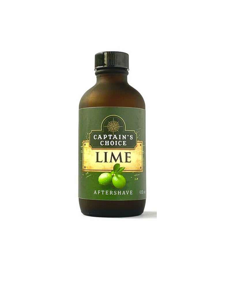 Natural lime aftershave in 4 oz amber glass bottle, light scent with all-day moisture and soothing feel for men’s daily grooming