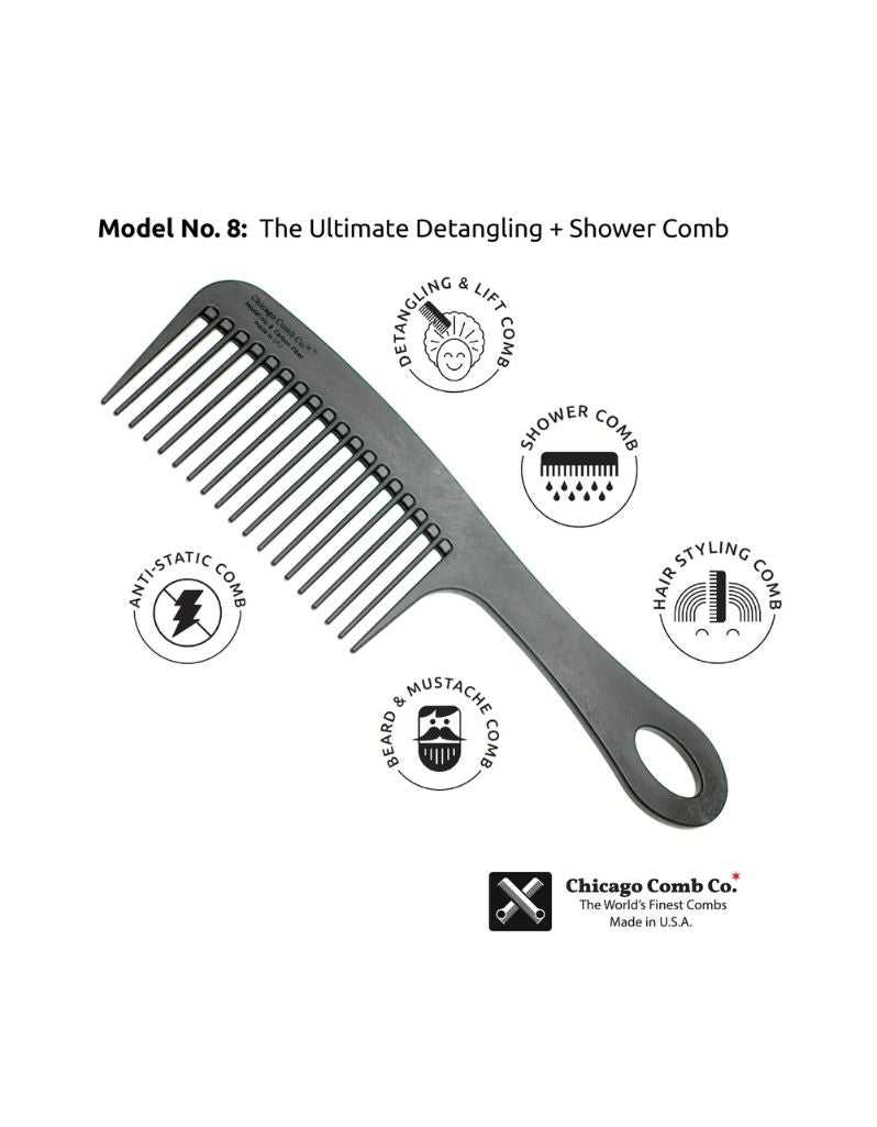 Chicago Comb Co. - Model 8: Detangling, Styling and Shower Comb, Carbon Fiber 8.5"