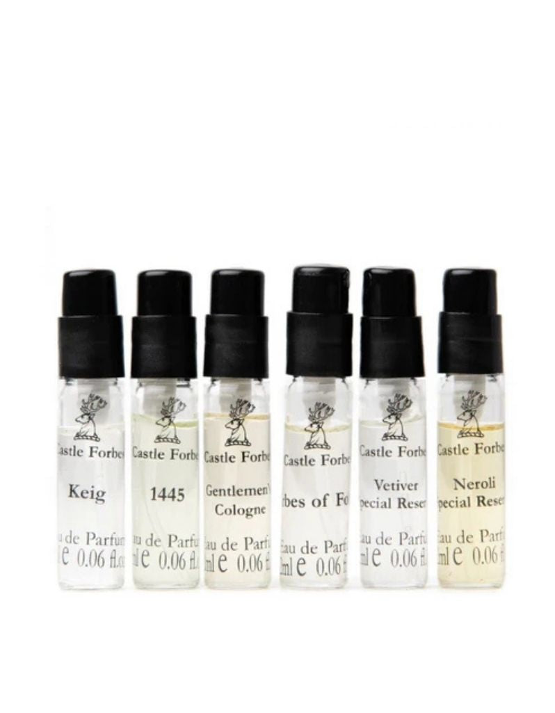 Castle Forbes Fragrance Collection sample vials of Keig, 1445, Gentlemen’s Cologne, Forbes of Forbes, Vetiver Special Reserve and Neroli Special Reserve standing in a row
