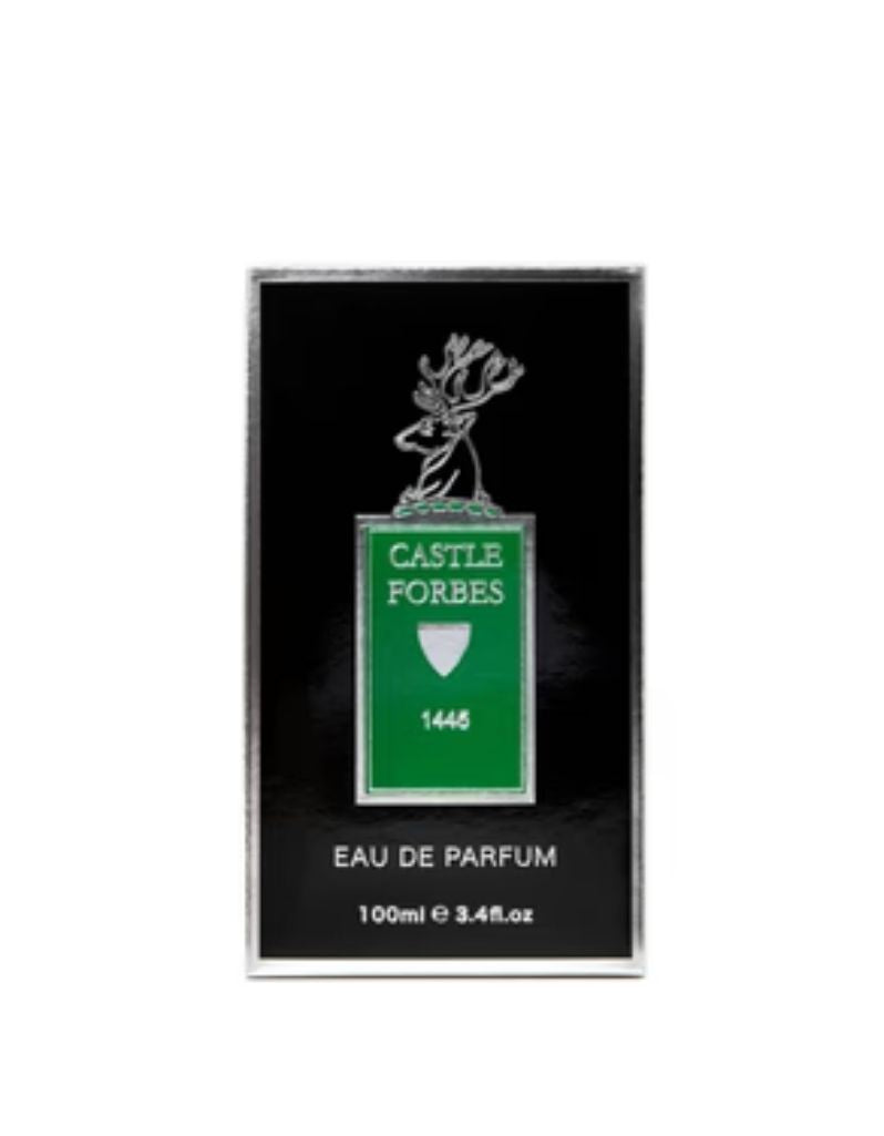 A rectangular black perfume card or packaging insert with a silver border, featuring a green and white Castle Forbes emblem and text reading '1445 EAU DE PARFUM' and '100ml e 3.4fl.