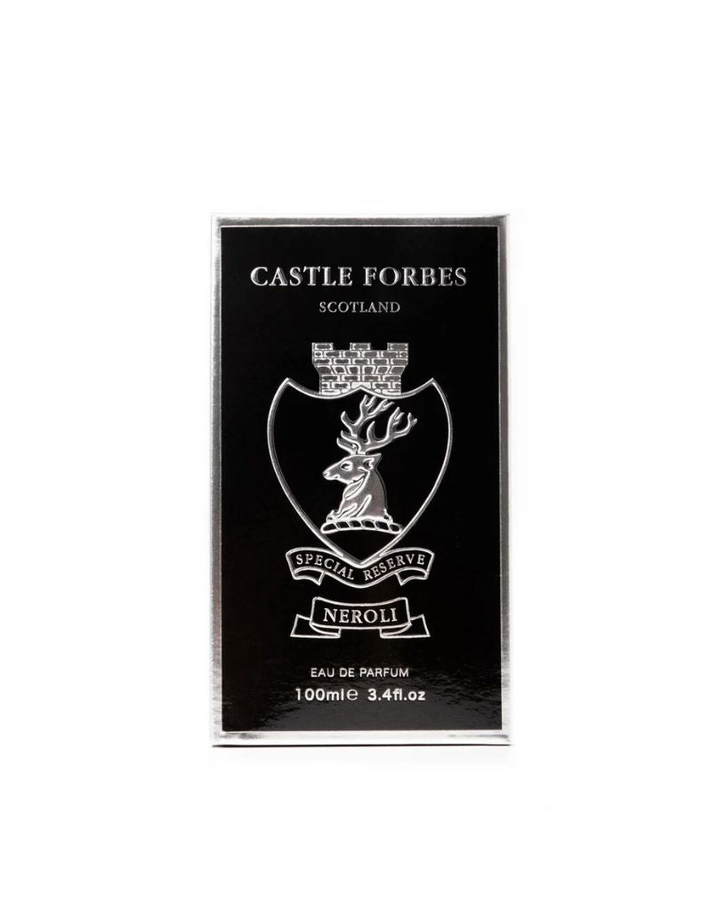 Castle Forbes Special Reserve Neroli Eau de Parfum 100ml boxed packaging with silver crest on black background