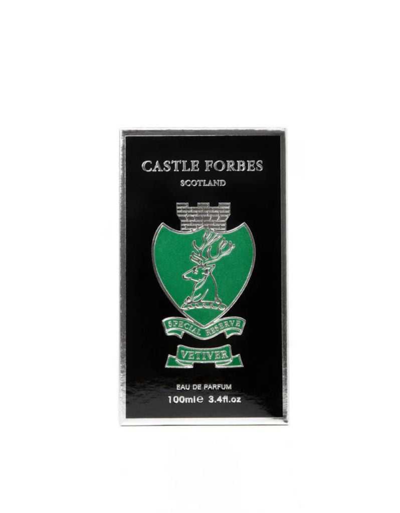 Castle Forbes Scotland eau de parfum packaging with green and black design.