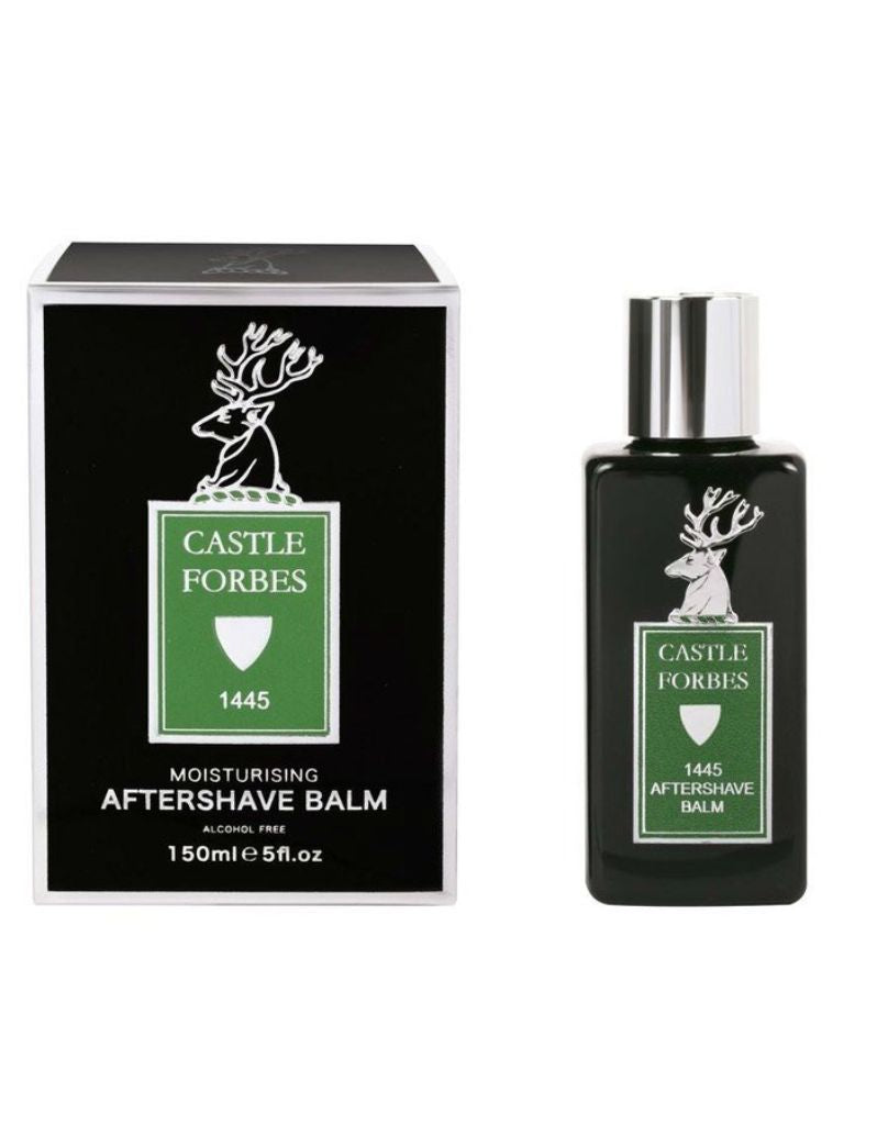 Castle Forbes 1445 Aftershave Balm bottle with essential oil based formula for sensitive skin, 150ml flip-top packaging
